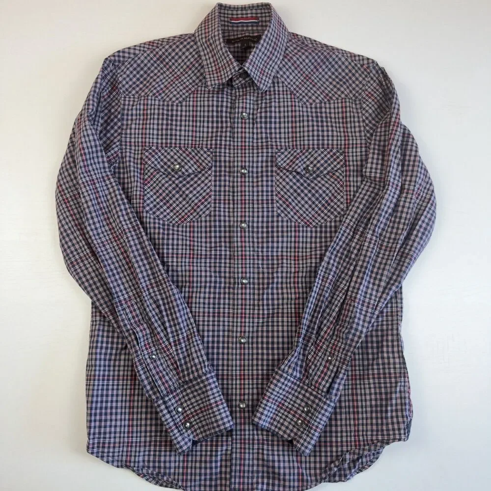 Banana Republic Western Shirt Mens S Pearl Snap Long sleeve Red, Navy Plaid